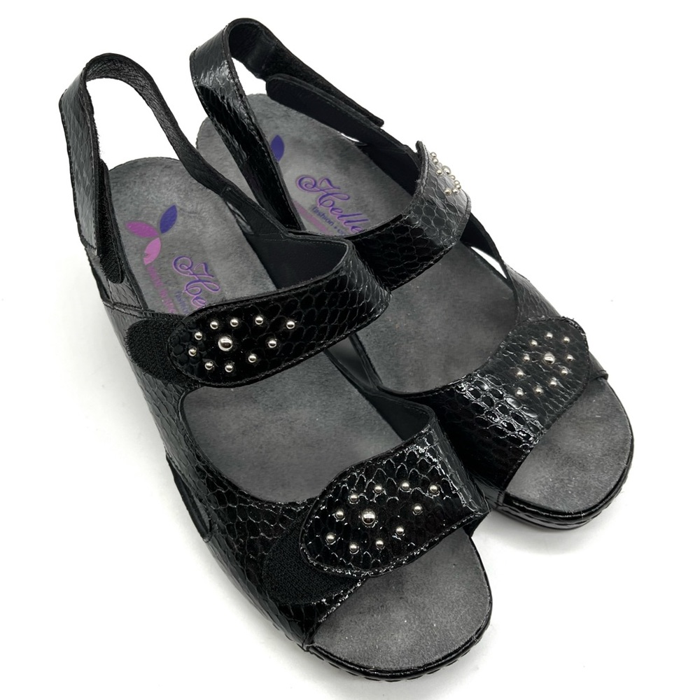 Helle Shoes Spain Comfort Sandals Slingback Gator Faux Leather Black Studs 38